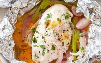 Chicken Baked in Foil with Sweet Potatoes and Radishes